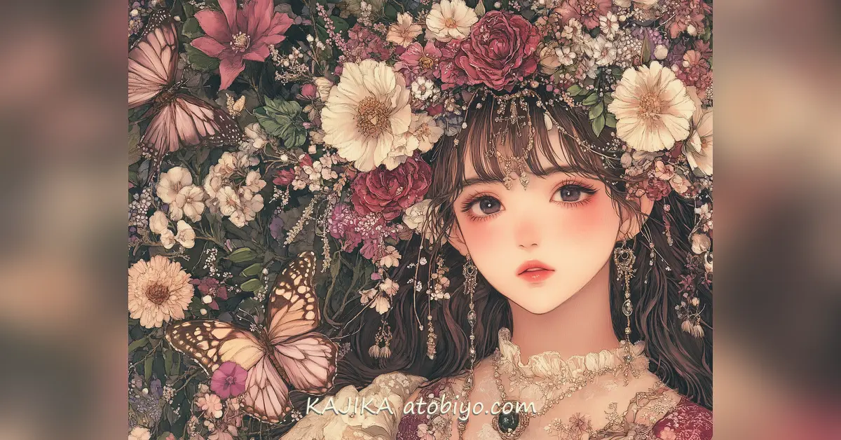 花と蝶に囲まれた少女